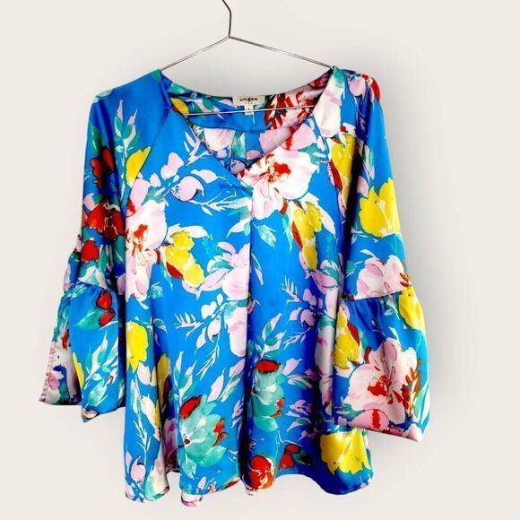 Umgee Womens Top Sz Small Oversized Blue Floral Puff Sleeves Coquette Whimsicore - Picture 1 of 9